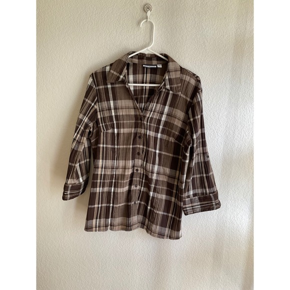 Christopher & Banks Tops - Christopher & Banks Brown Plaid Crinkle 3/4 Roll Tab Sleeve Button Up Shirt XL